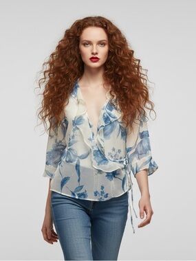 Vintage East West Blue Floral Ruffle Wrap Cardigan Blouse L